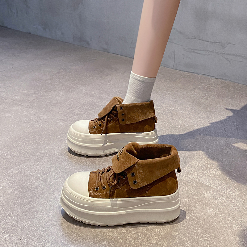 复古时尚翻领系带厚底高帮鞋女马丁靴2025新款小个子增高真皮单鞋