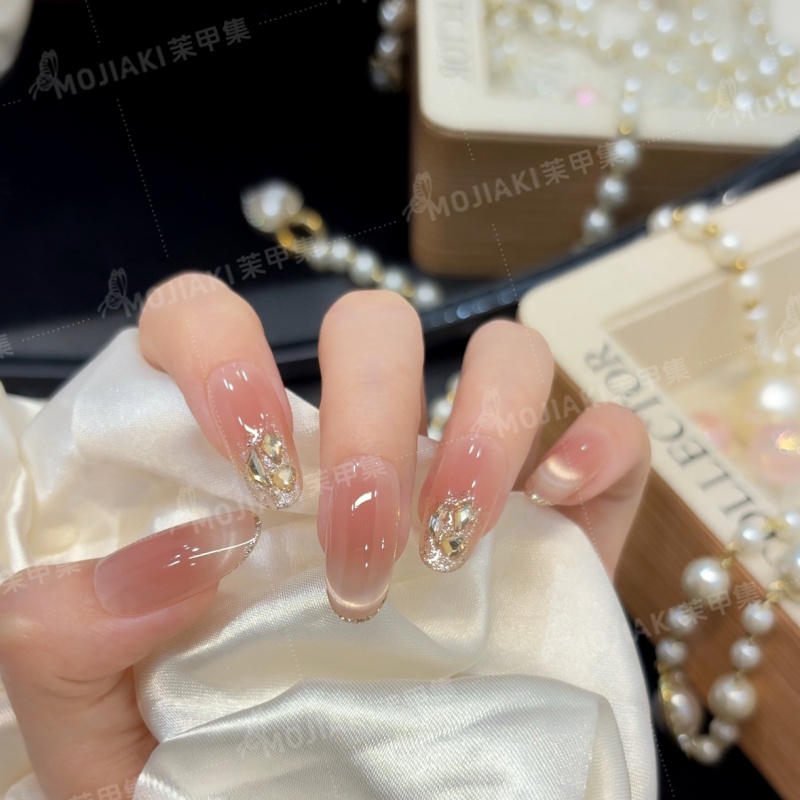 【塞纳黄昏】裸色猫眼带钻中长款穿戴甲日常甲片百搭气质温柔美甲