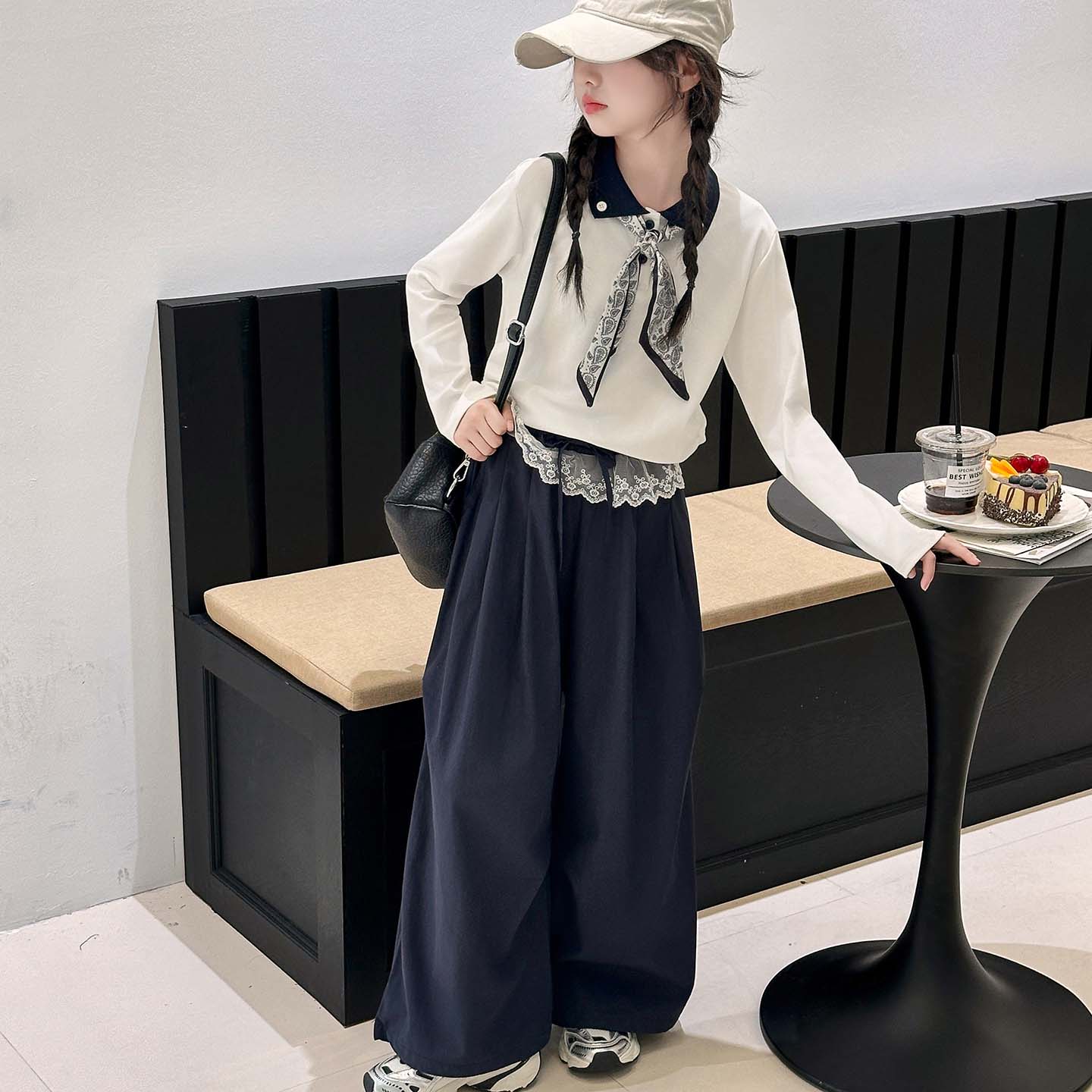 女童秋装套装2025新款女孩时髦洋气POLO衫长袖中大童阔腿裤两件套