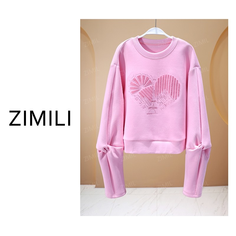 【亮哥女装】2025冬季加厚《元气》慕斯粉爱心绣花休闲卫衣6319-K4