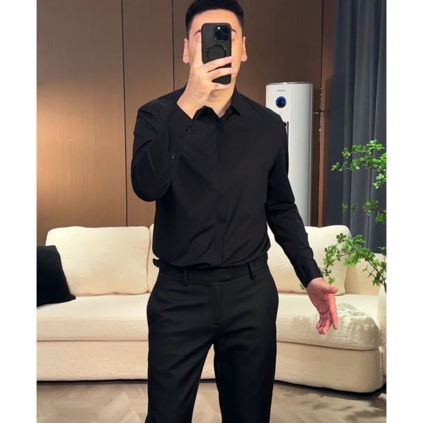 59668男士高品质纯色净版修身弹力百搭商务黑衬衣