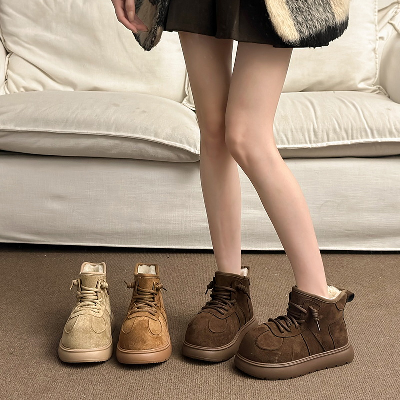 爆款棉鞋时尚大头厚底高帮雪地靴女2025冬季新款磨砂皮系带短靴潮