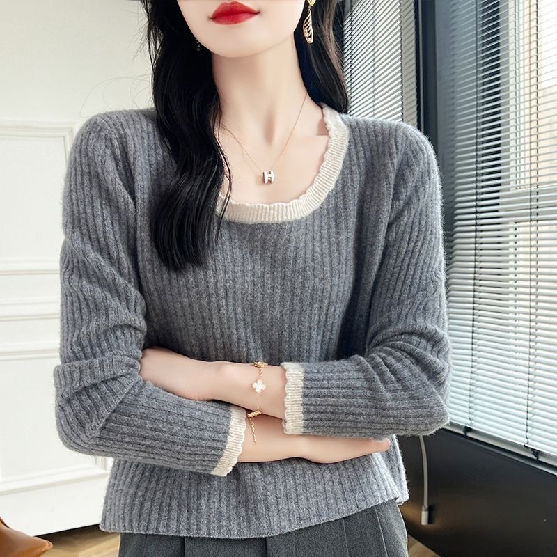 气质短款长袖针织衫女装秋冬新款花边圆领宽松显瘦百搭打底衫毛衣