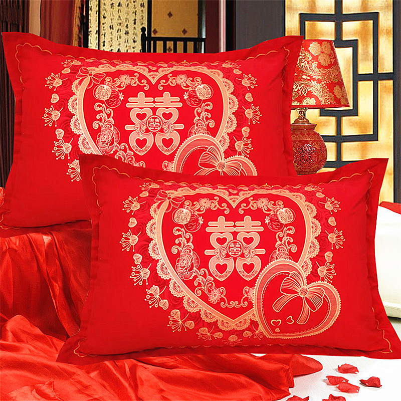 高档喜庆大红纯棉枕套1对不起球全棉厚款48x74拉链式枕头套一对装