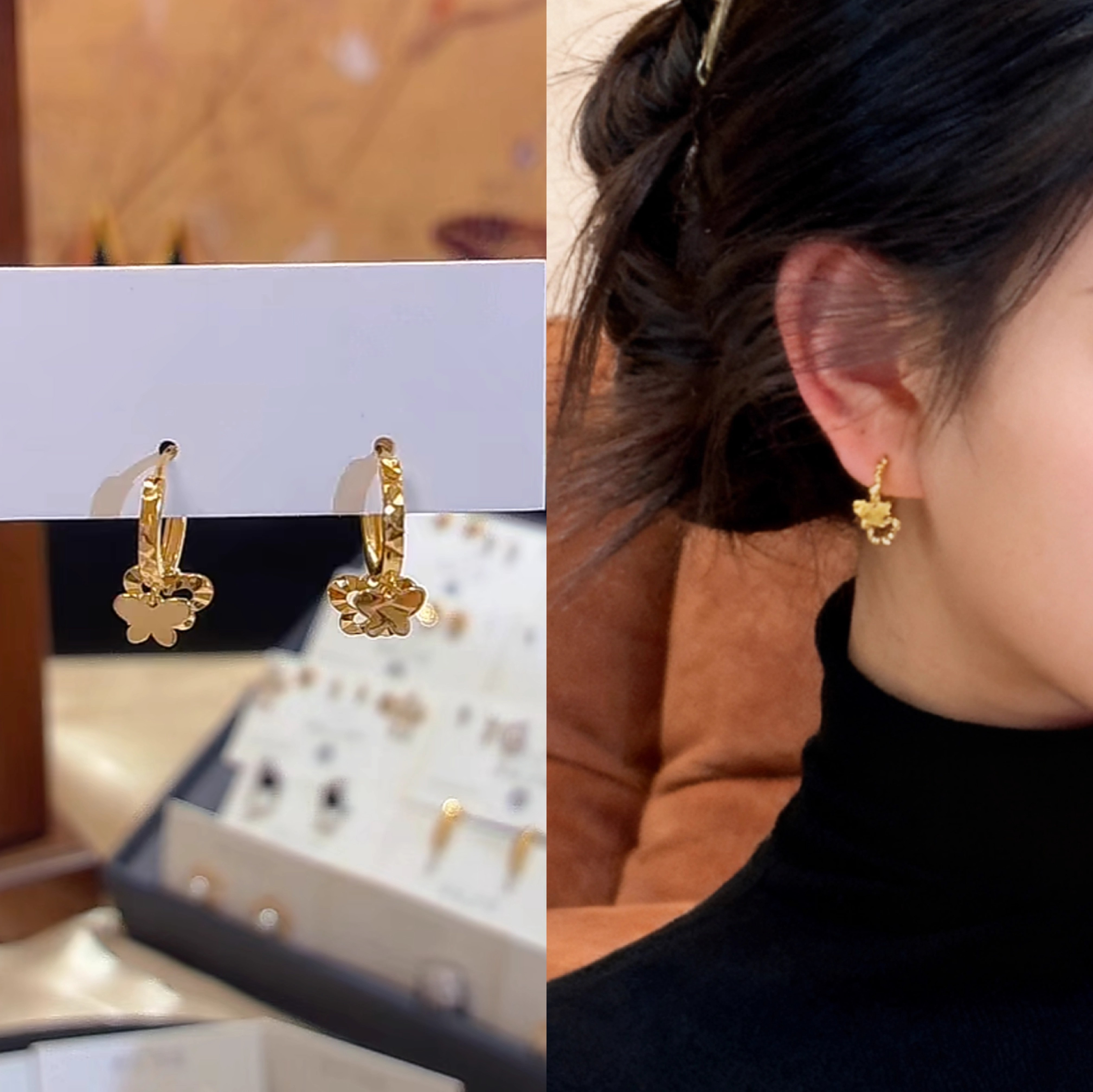 法式轻奢金色蝴蝶耳扣女小众设计感气质百搭耳环简约时尚精致耳饰