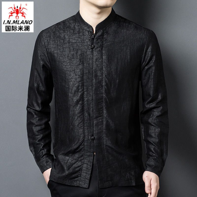 香云纱翻领衬衫长袖中年爸爸装高端100%桑蚕丝龟裂纹男装真丝唐装