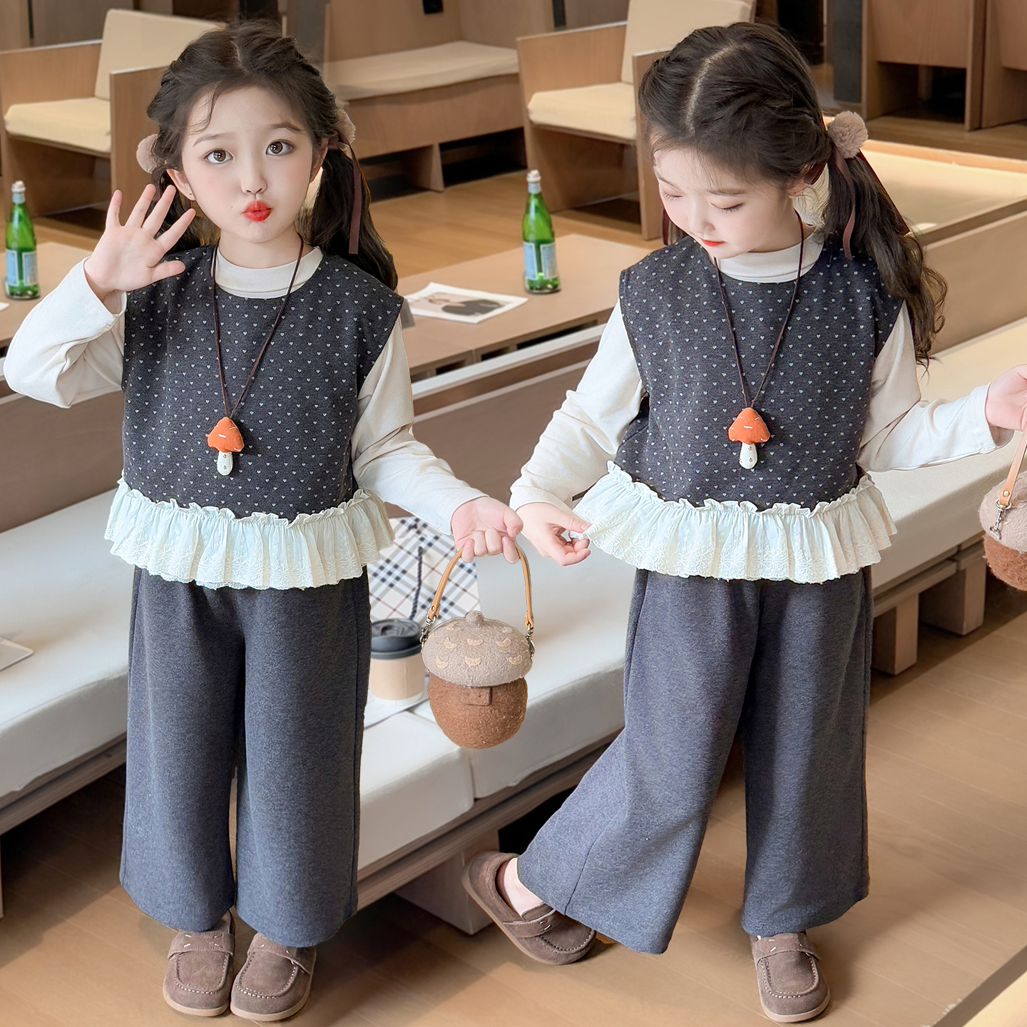 女童洋气韩系春秋季网红阔腿裤套装女宝宝2025新款休闲三件套宽松