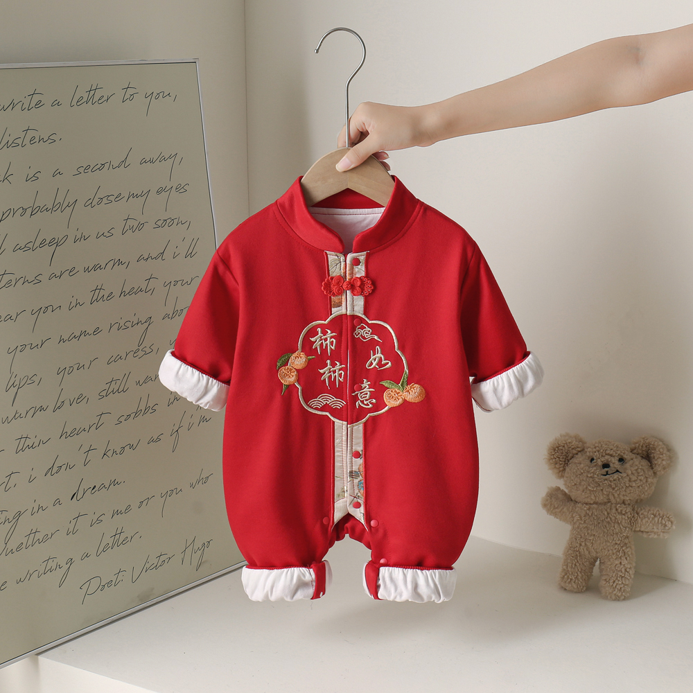 婴儿秋季连体衣新款周岁中式国风喜庆抓周百天双层宝宝哈衣爬服