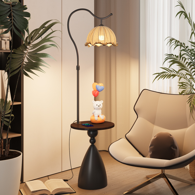 客厅落地灯沙发旁边小型边几置物架法式复古风卧室床头柜一体台灯