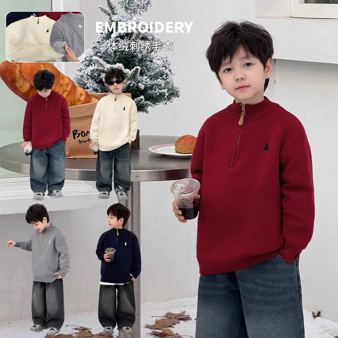 韩货】一体绒儿童毛衣加厚冬季款中大童半拉链针织衫保暖套头衫