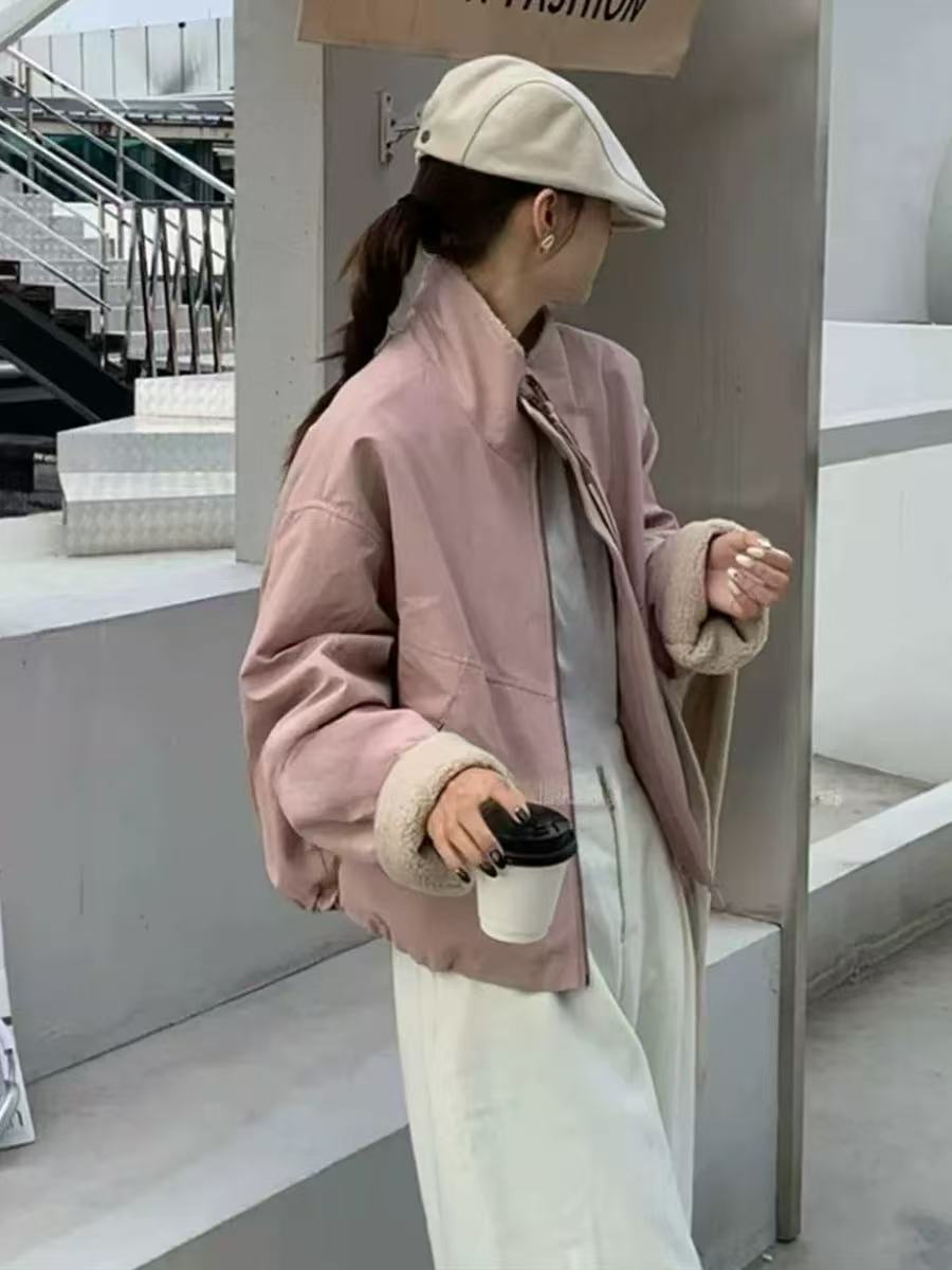 冬季加绒宽松小个子短款棉服女时尚韩版棉袄洋气冬季羊羔绒外套女