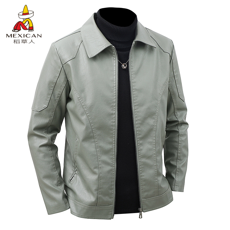 稻草人新款大码春秋皮衣男士时尚休闲翻领修身韩版潮流皮夹克外套