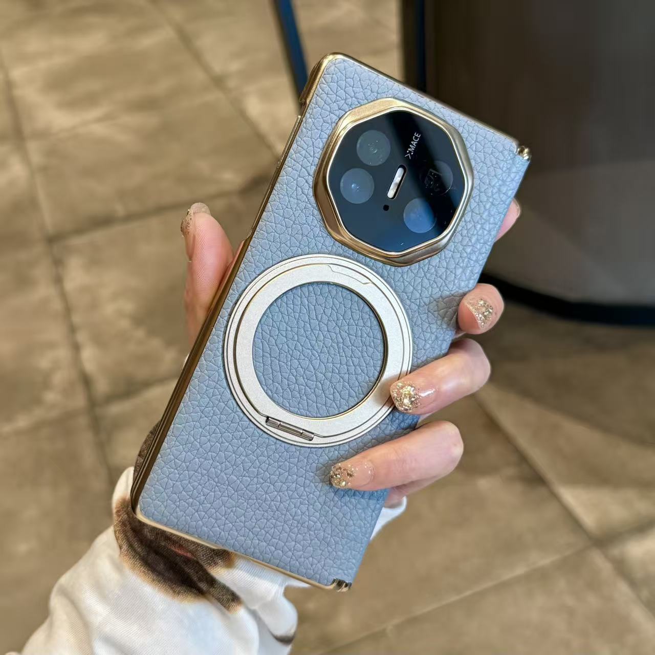 适用于华为MateX6折叠屏手机壳x5双中轴保护壳真皮亚麻蓝旋转支架