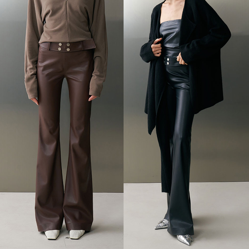 美式高街PU皮微喇裤女冬季新款气质酷飒风高腰显瘦垂感拖地裤