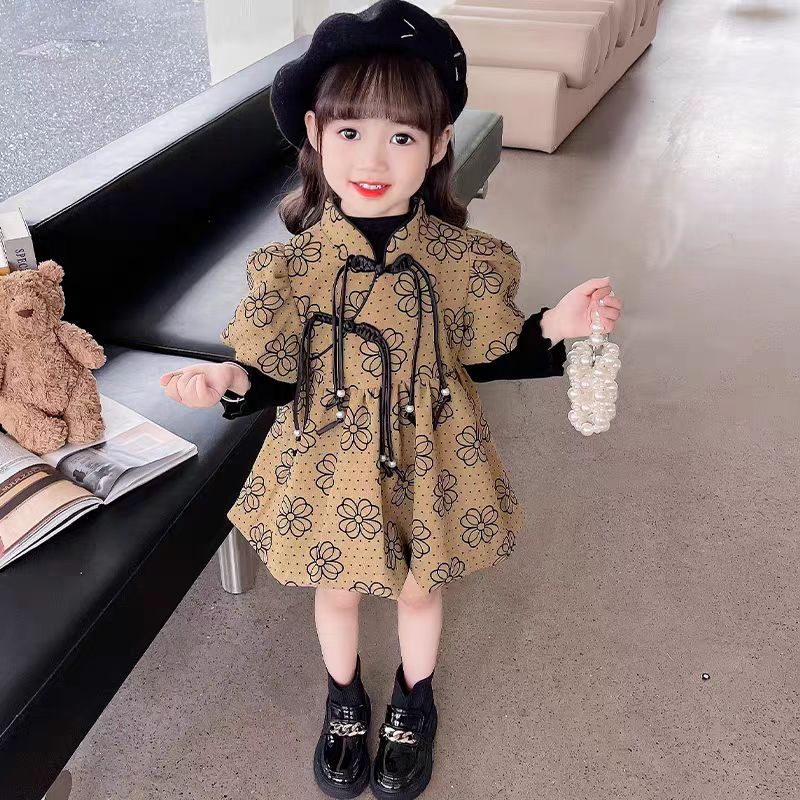 女童花朵连衣裙套装秋季2025新款秋装女宝宝洋气国潮汉服裙两件套