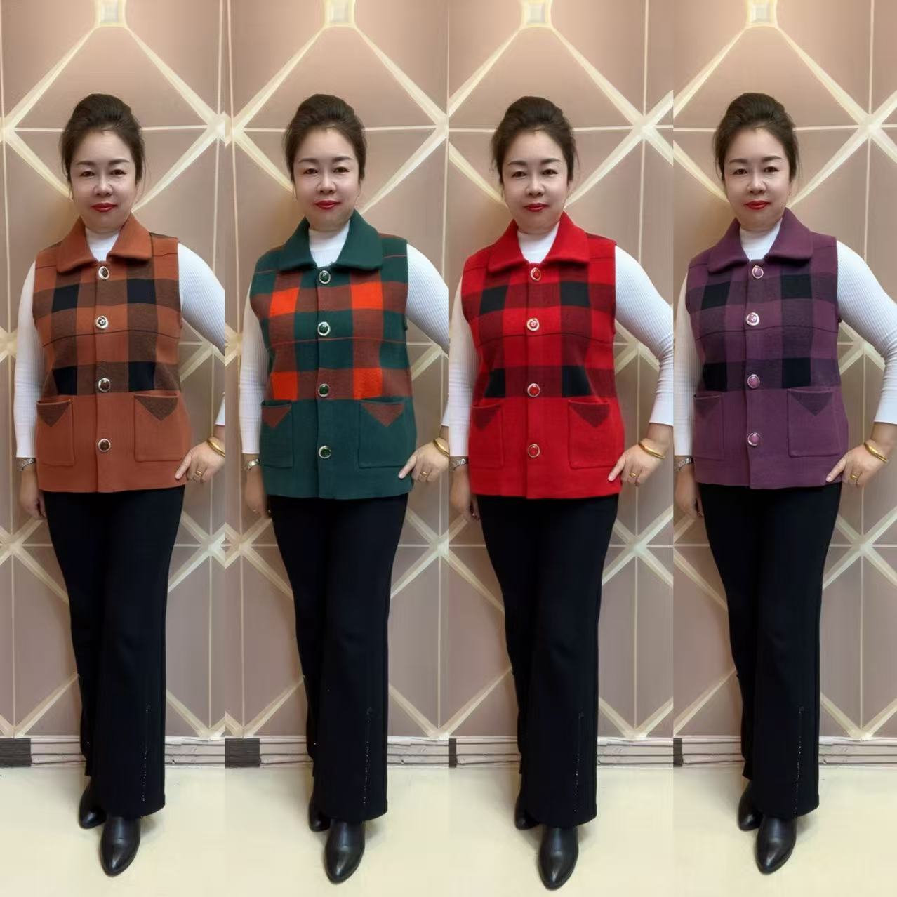 妈妈秋季新款格子宽松坎肩马甲中老年女装时尚短款休闲上衣