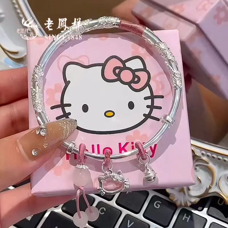 老凤祥繁花纯银手镯女镯子可调节Kitty猫情人节送女友礼物