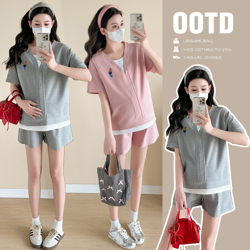 2025孕妇夏季套装时尚拼接短袖T恤可调节短裤网红休闲洋气两件套