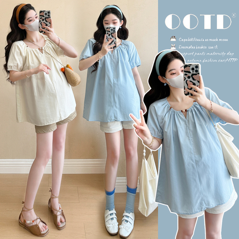孕妇套装2025夏季新款孕妇法式温柔气质孕妇娃娃衫上衣+托腹短裤