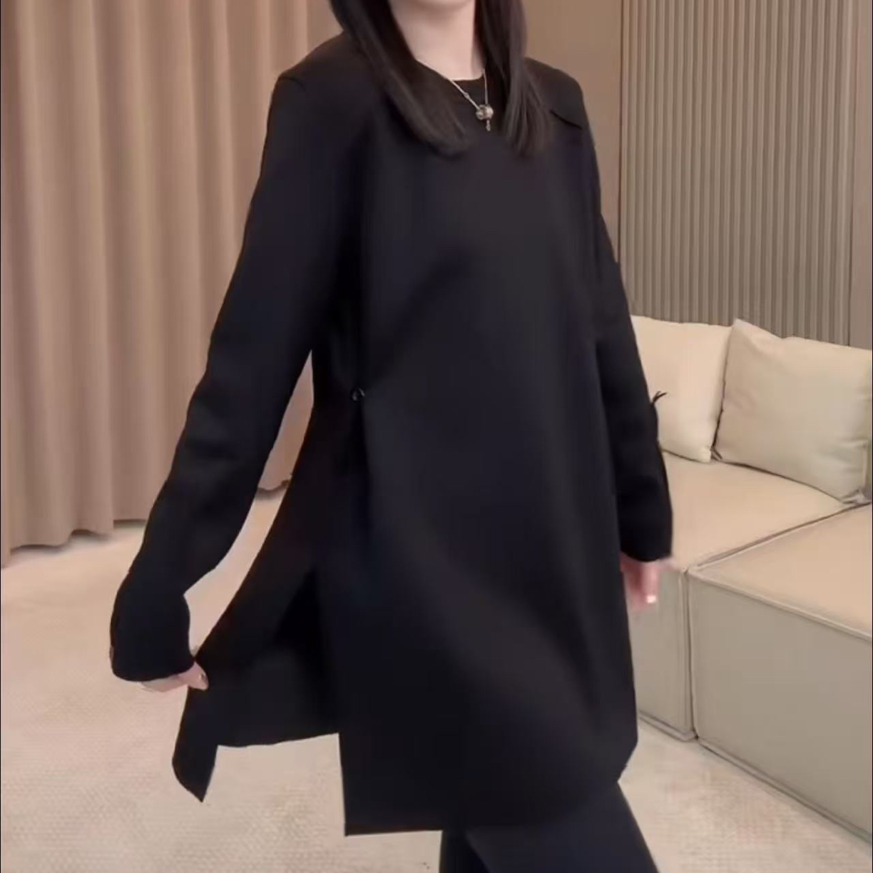 中长款长袖T恤黑色休闲开叉大衫