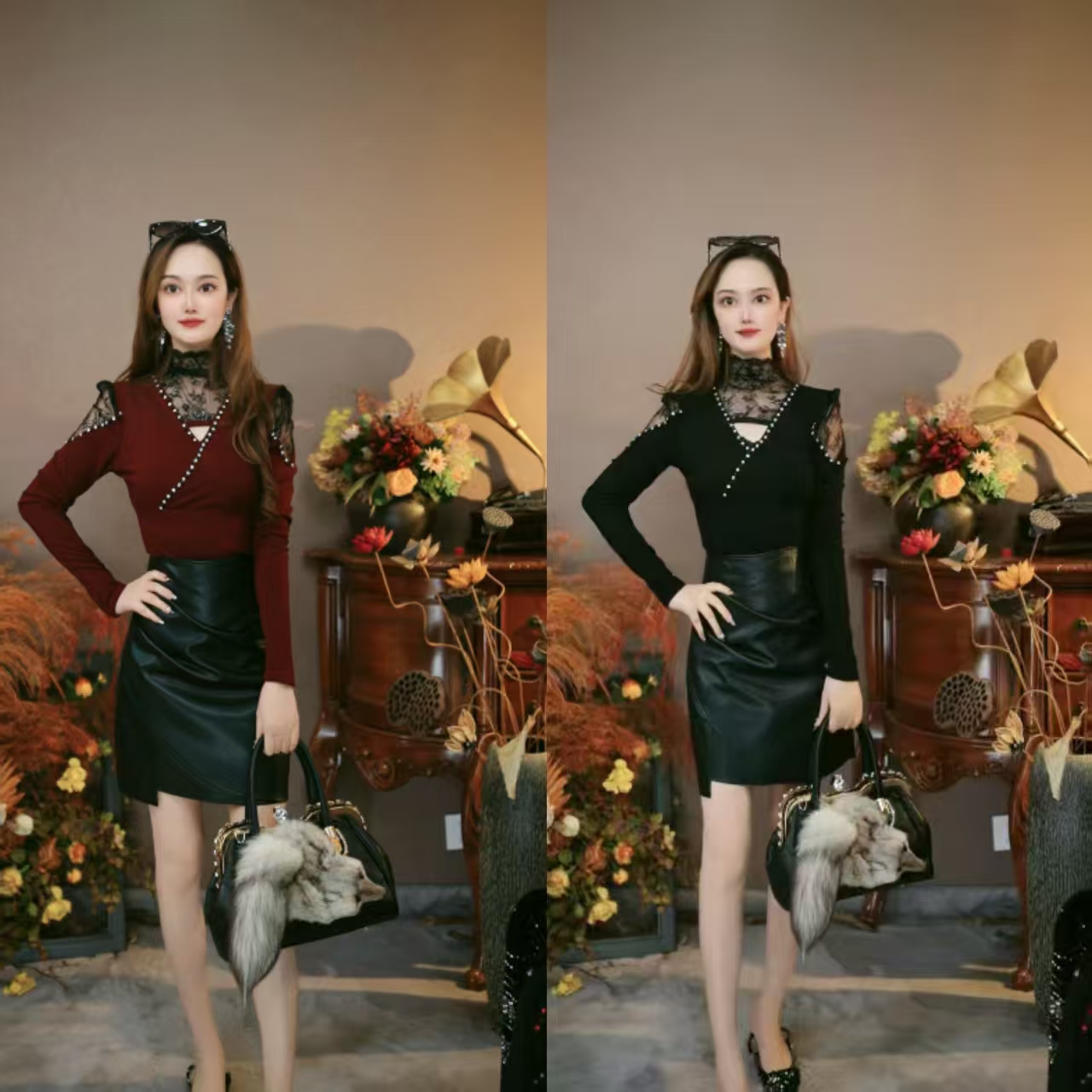 吴红2518秋冬新款加厚钉钻蕾丝半高领时尚打底小衫长袖上衣女装