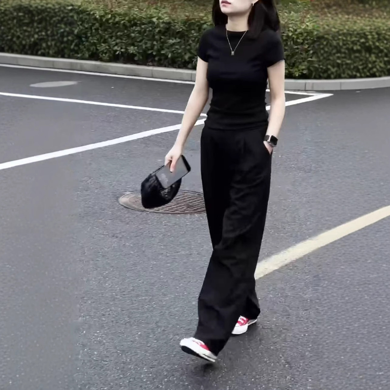 新款夏天正肩短袖T恤时尚垂坠感直筒裤胖妹妹显瘦休闲套装女装
