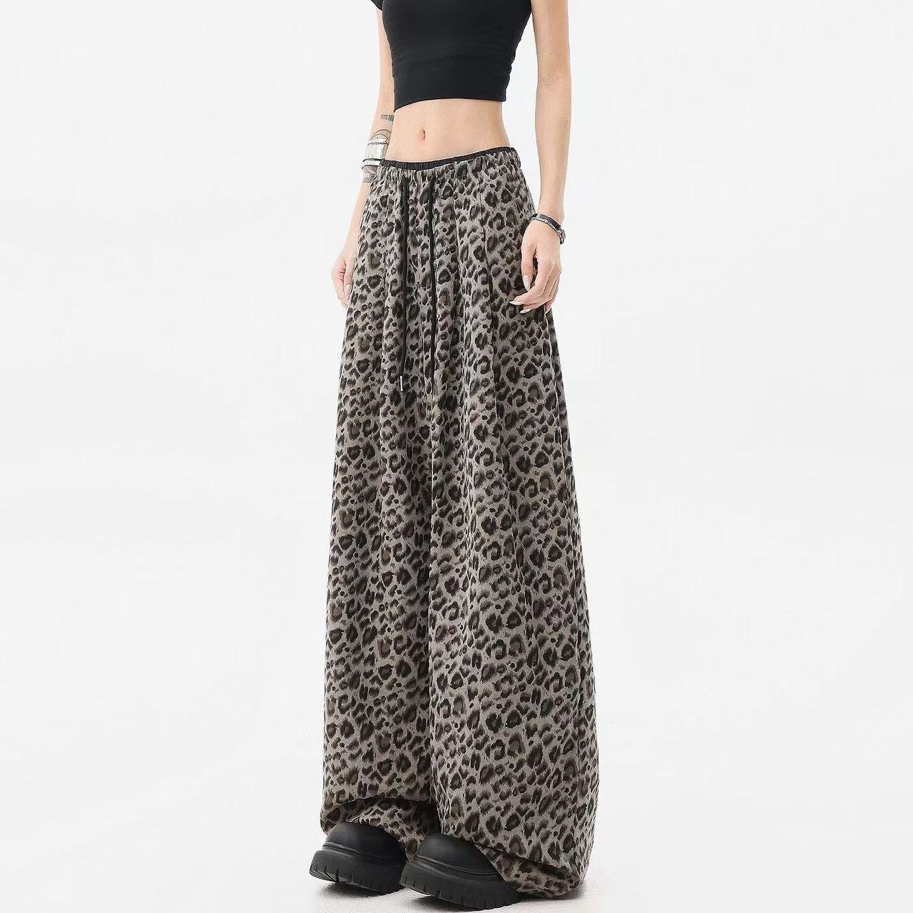 秋季2025新款美式复古豹纹休闲裤女高腰宽松显瘦百搭阔腿裤裤子