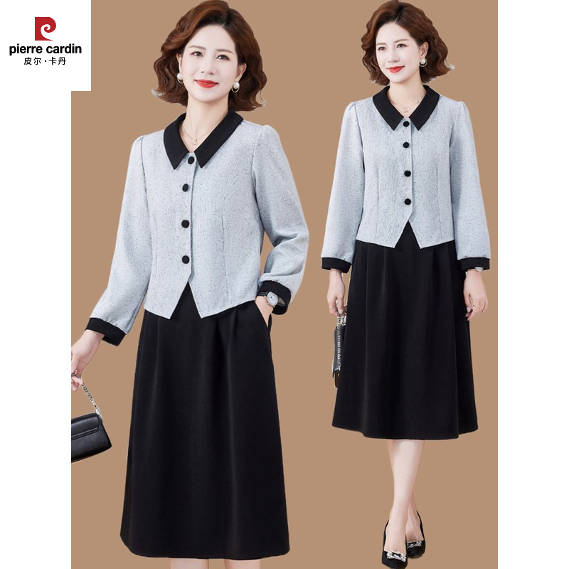 皮尔卡丹妈妈秋装连衣裙套装洋气新款中老年女装春秋小香风外套裙