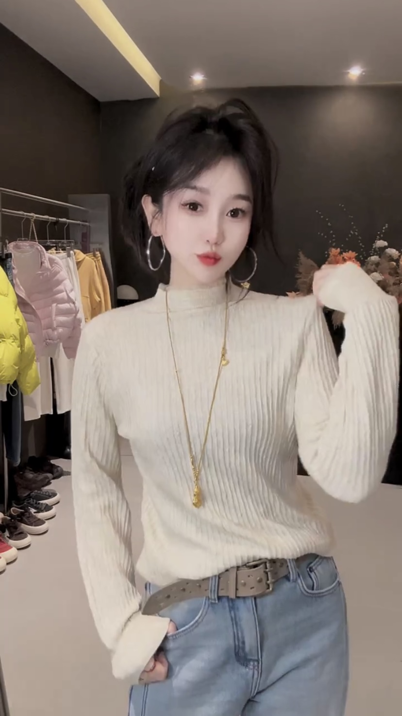 韩系设计感半高领长袖针织衫秋冬女装新款法式小香风内搭打底上衣