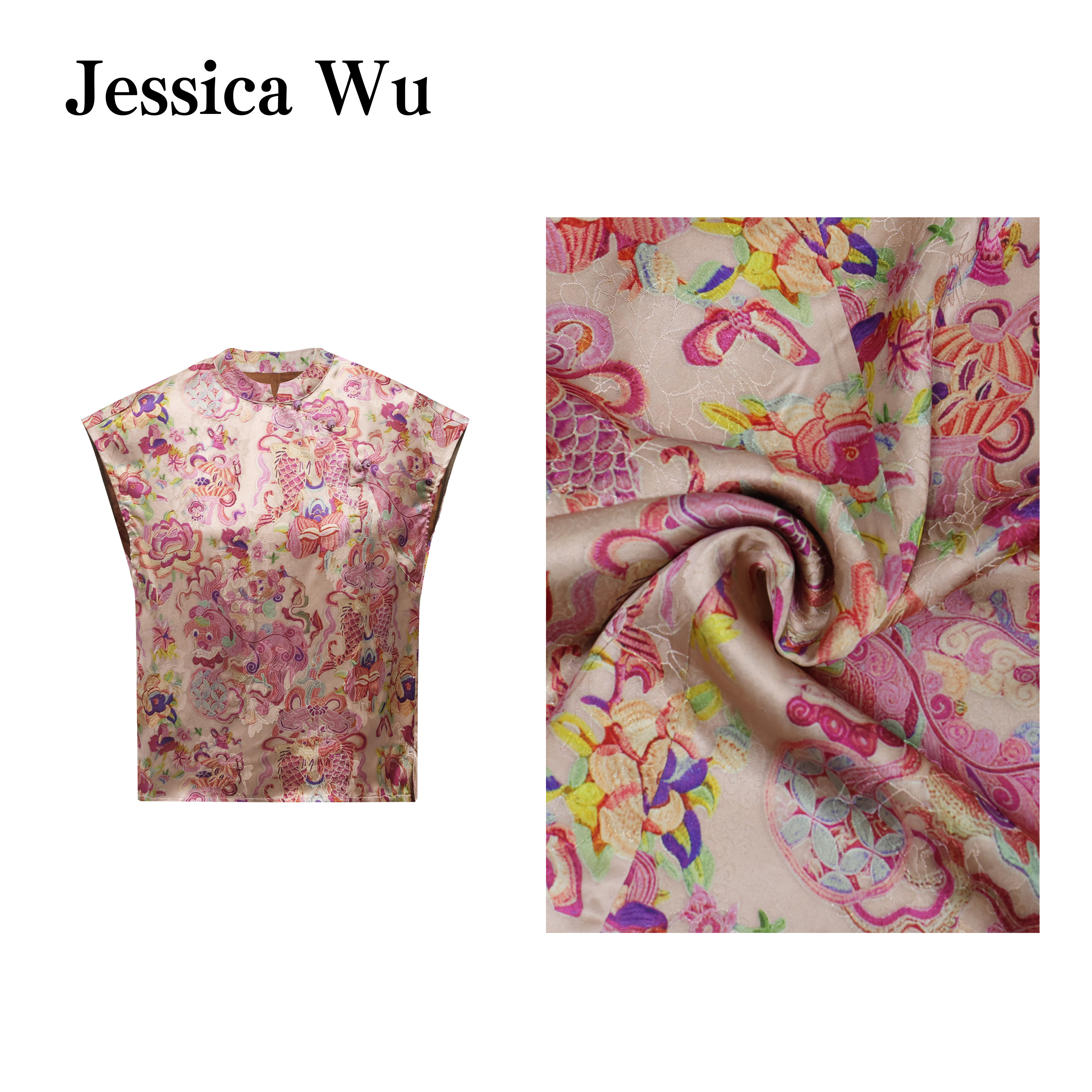 JESSICA WU好运彩鲤~巨美新中式显白凉感顺滑人丝香云纱上衣