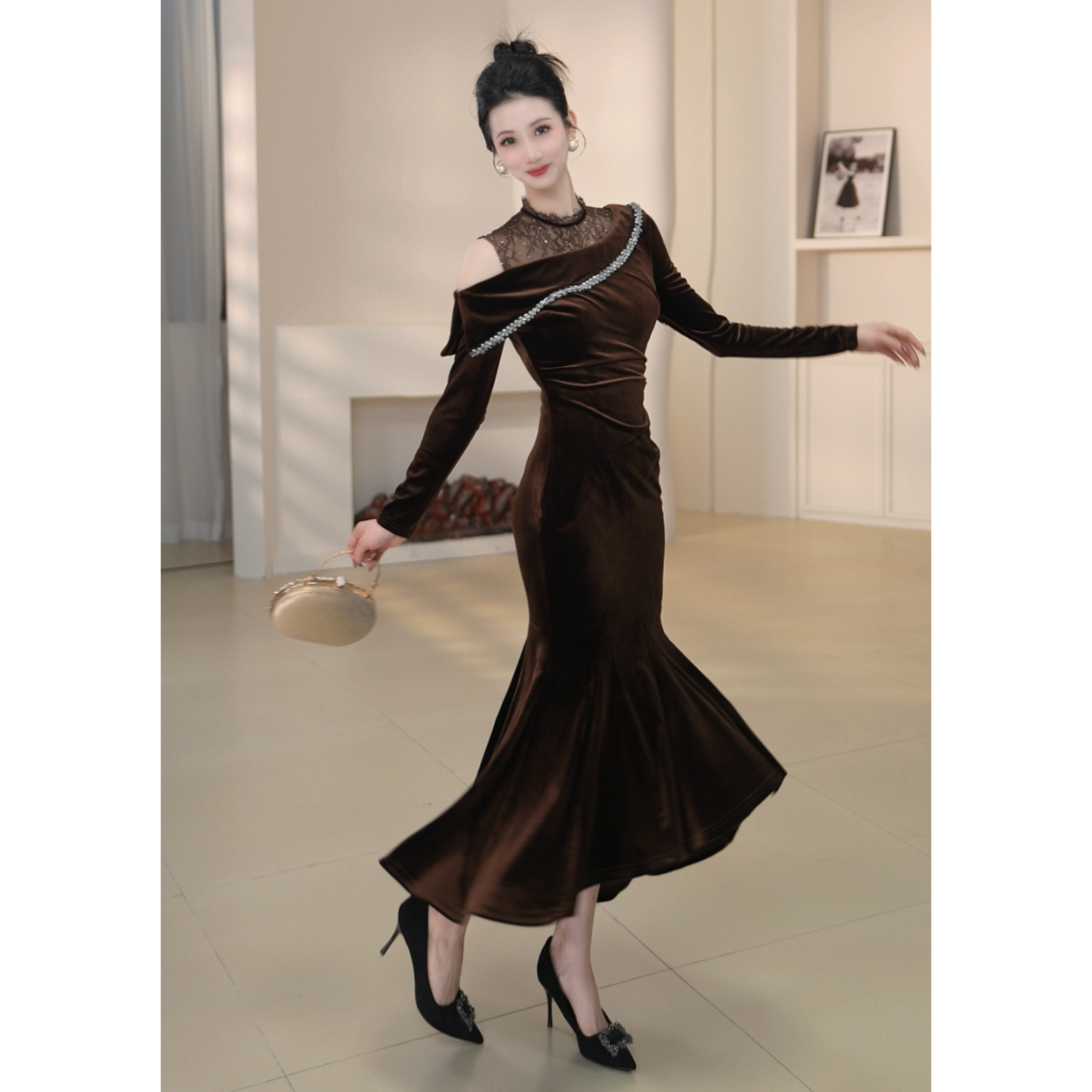 沐子的轻奢私藏【Mu/zi56083】名媛高领秋冬鱼尾裙拼接法式连衣裙