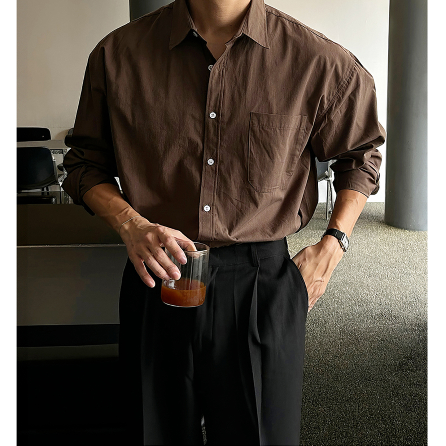 美拉德咖色长袖衬衫男款春秋季轻熟风高级感复古韩系穿搭衬衣外套