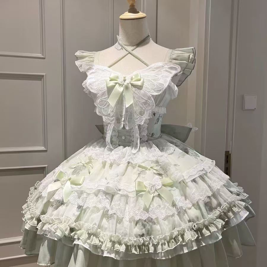 花期之约时尚公主风白绿蝴蝶结Lolita夏日清新生日短裙