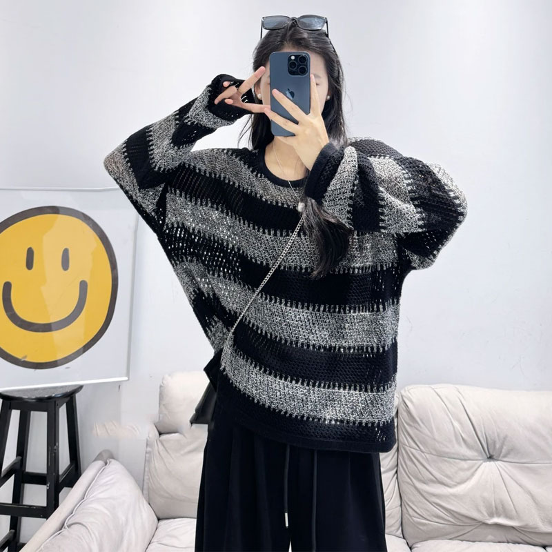 毛衣女2025秋季新款时髦洋气撞色条纹设计宽松显瘦慵懒感高级上衣