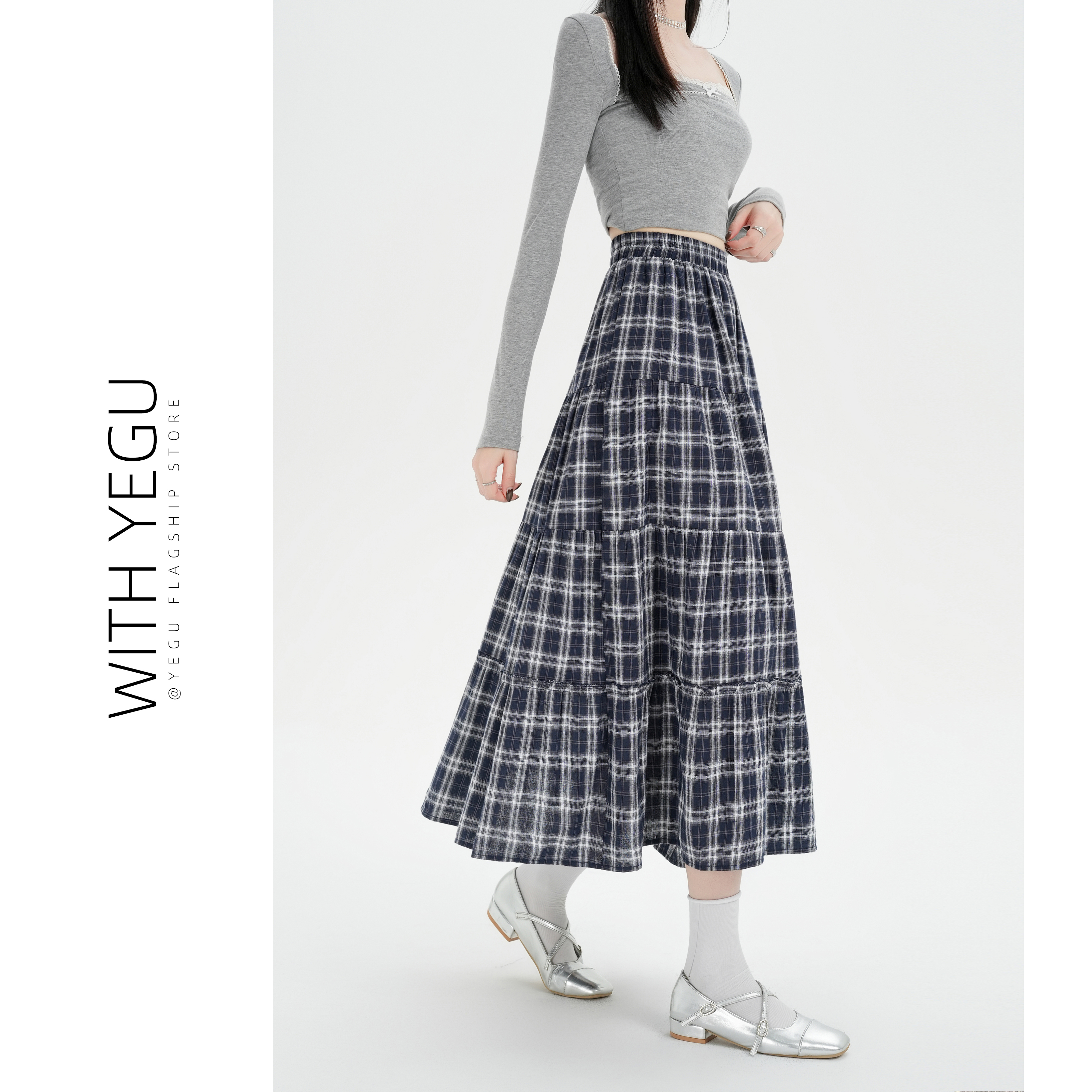 复古格纹半身裙女春秋设计感拼接高腰a字中长裙小个子大摆蛋糕裙
