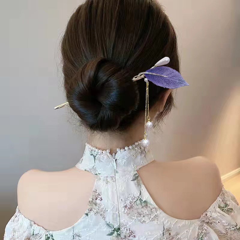 高级感紫色树叶流苏发簪日常古风气质盘发簪子复古汉服步摇头饰女