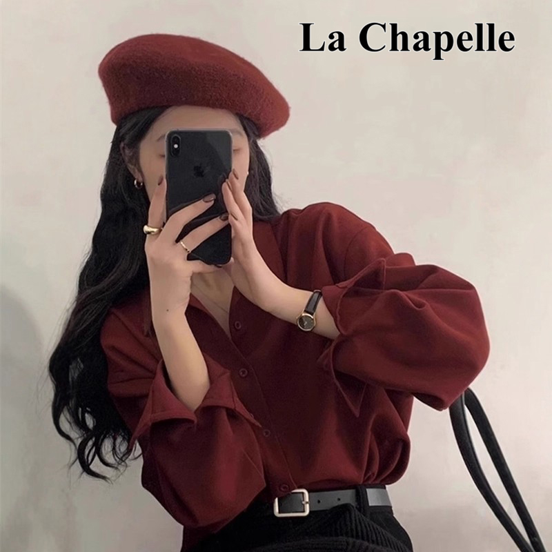 拉夏贝尔复古港风红色长袖衬衫女秋季高级感宽松休闲polo翻领衬衣