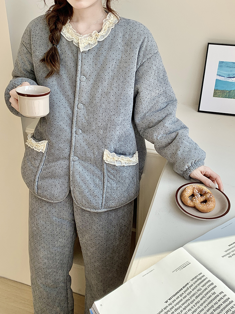 抗寒零15度冬季女士三层夹棉加绒加厚碎花保暖可外穿家居服套