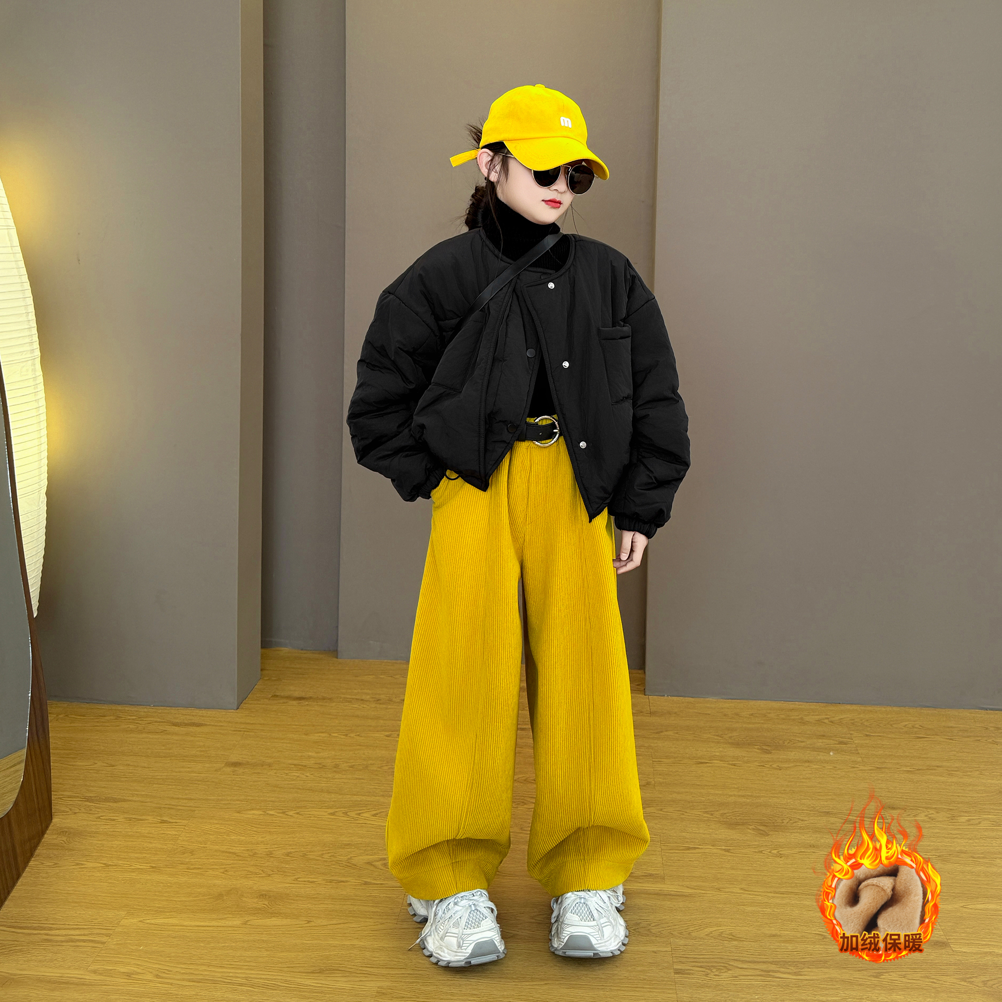 女童2025新款秋冬季韩版时尚保暖棉服外套毛衣加绒百搭休闲裤套装