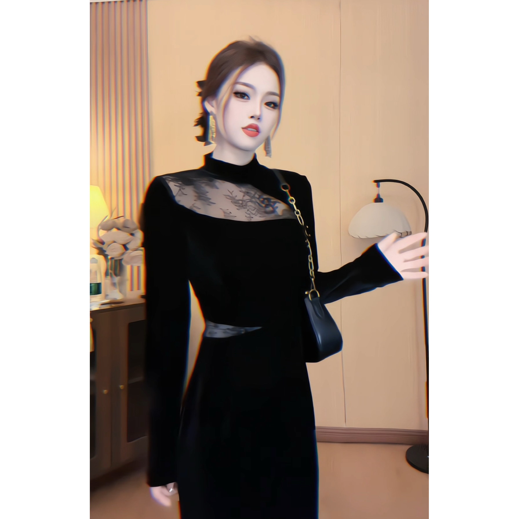 显瘦千金风镂空韩版拉链黑色气质连衣裙秋季名媛礼服秋冬时尚网红