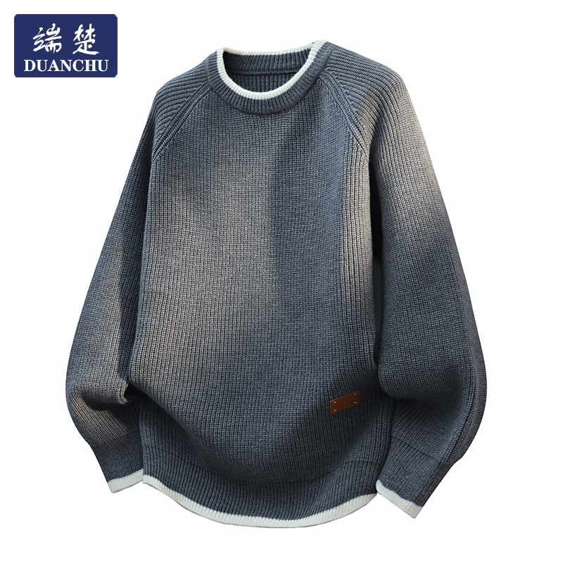 男士秋冬日系简约慵懒风插肩袖针织衫男时尚潮流假两件宽松毛衣