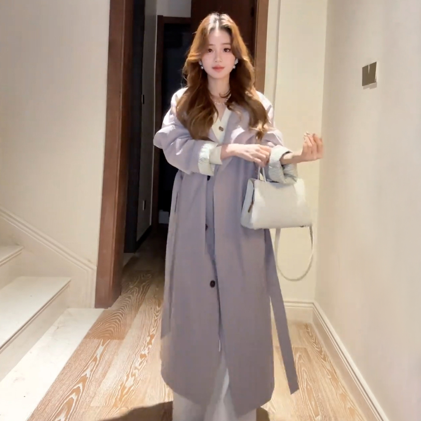 2025新款紫色中长款夹棉风衣外套女秋冬季韩系高级感正肩加厚大衣