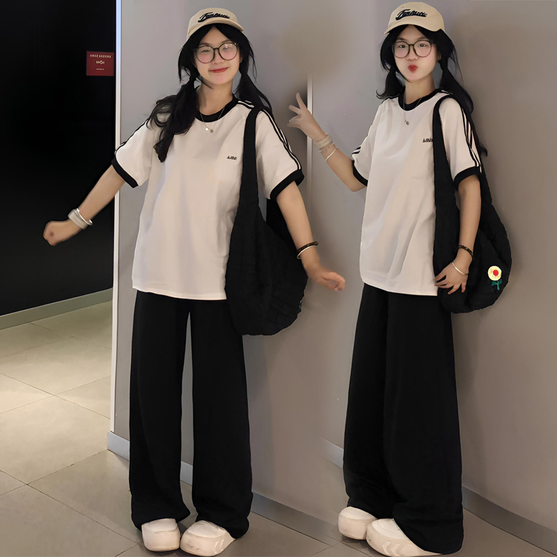 韩系衣服一整套夏季穿搭女初高中学生阔腿裤潮牌运动休闲两件套装