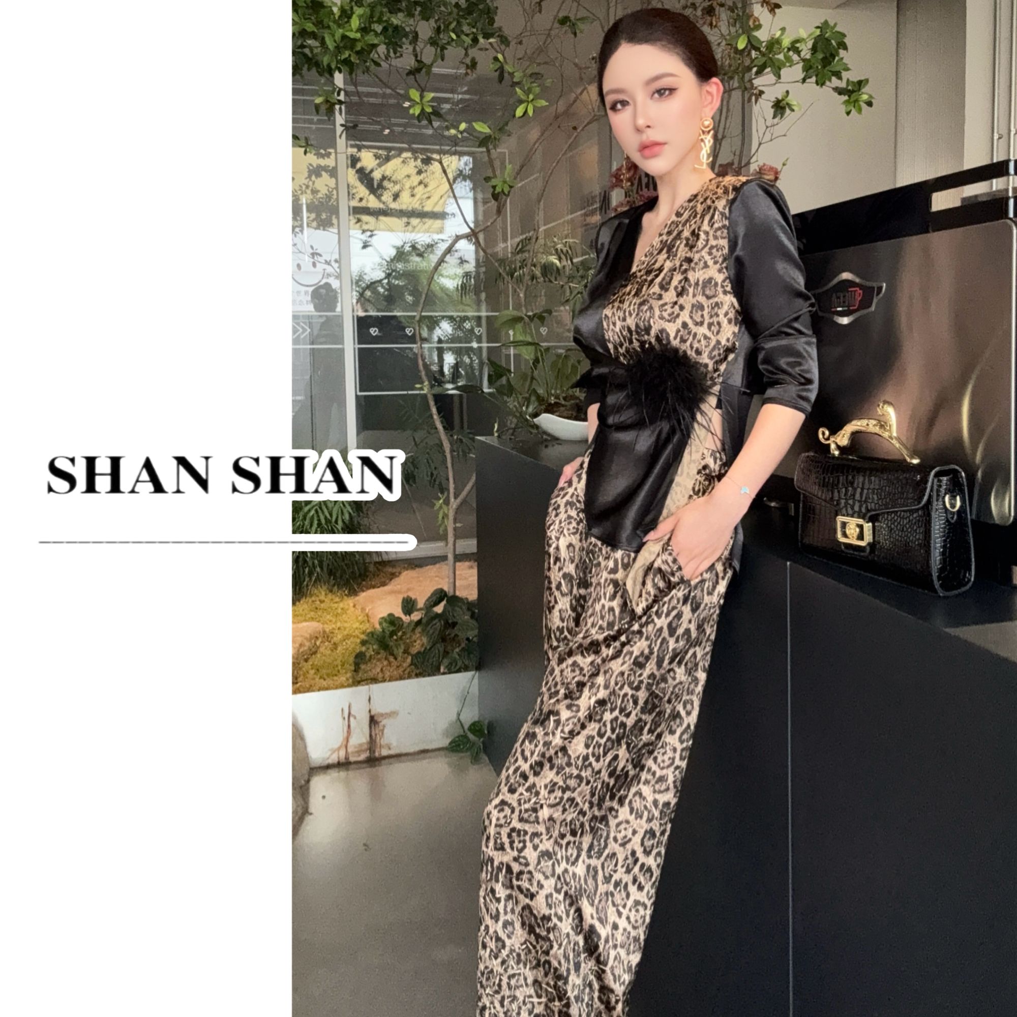 SS姗姗 秋季新款轻奢法式气质时尚豹纹印花拼接气质套装50775207