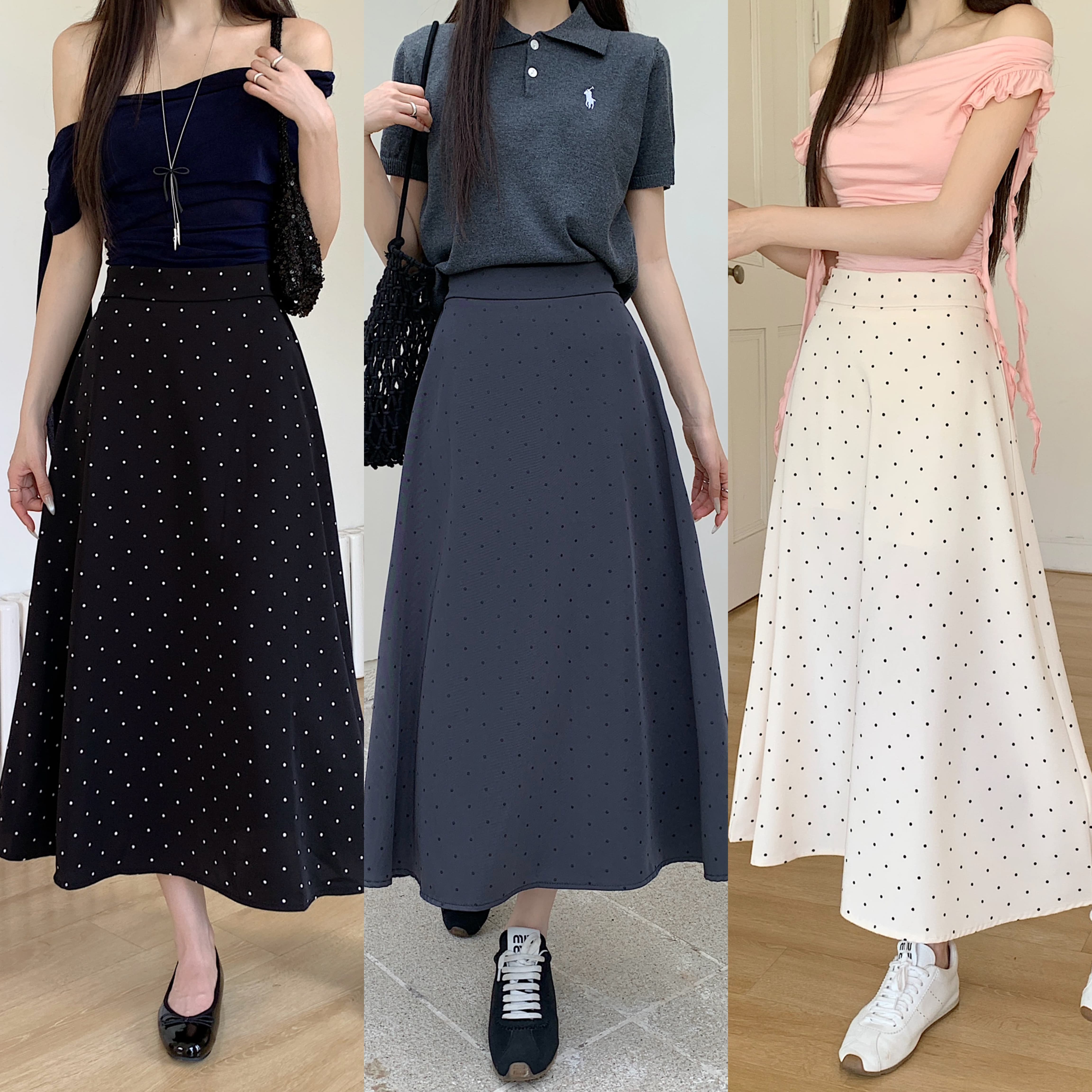西装长裙波点高腰百搭半身裙冰丝中长款时尚夏季显瘦A字大摆摆裙
