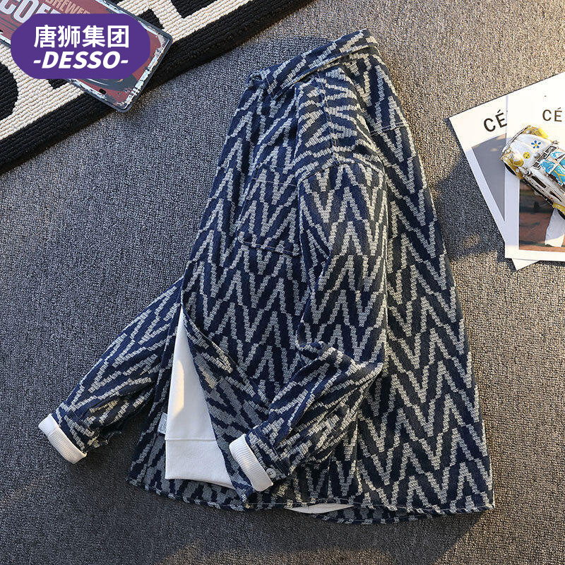唐狮集团DESSO男士春秋季长袖衬衫潮流复古宽松休闲港风外套上衣