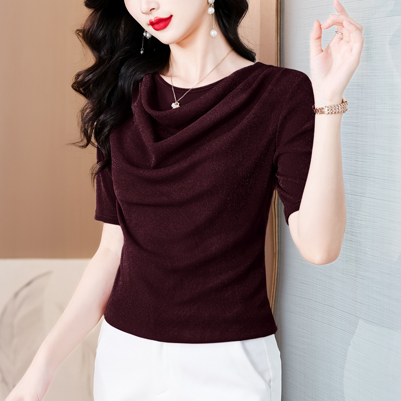 时尚套头网纱气质减龄设计堆堆领短袖弹力透气中年妈妈女上衣