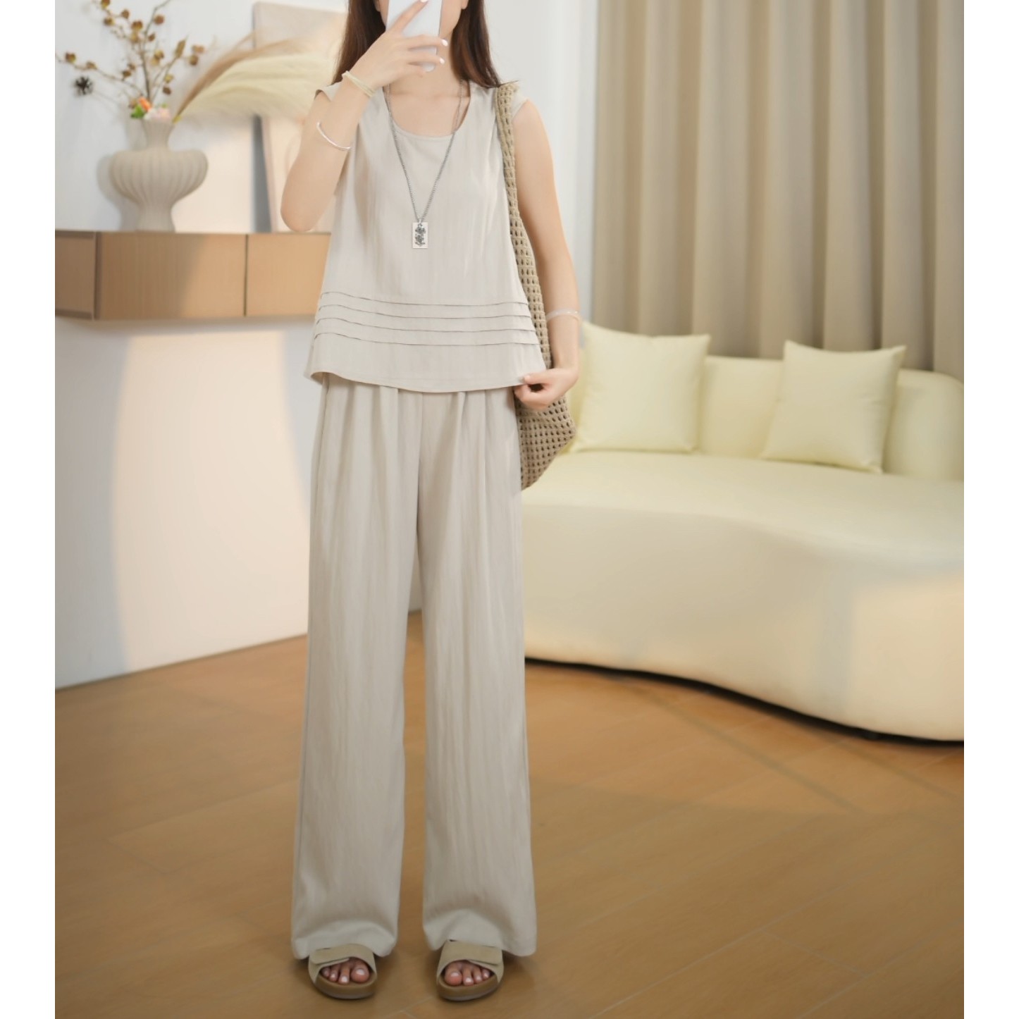 小个子早秋款高腰裤子女高级感宽松慵懒垂感直筒休闲阔腿裤