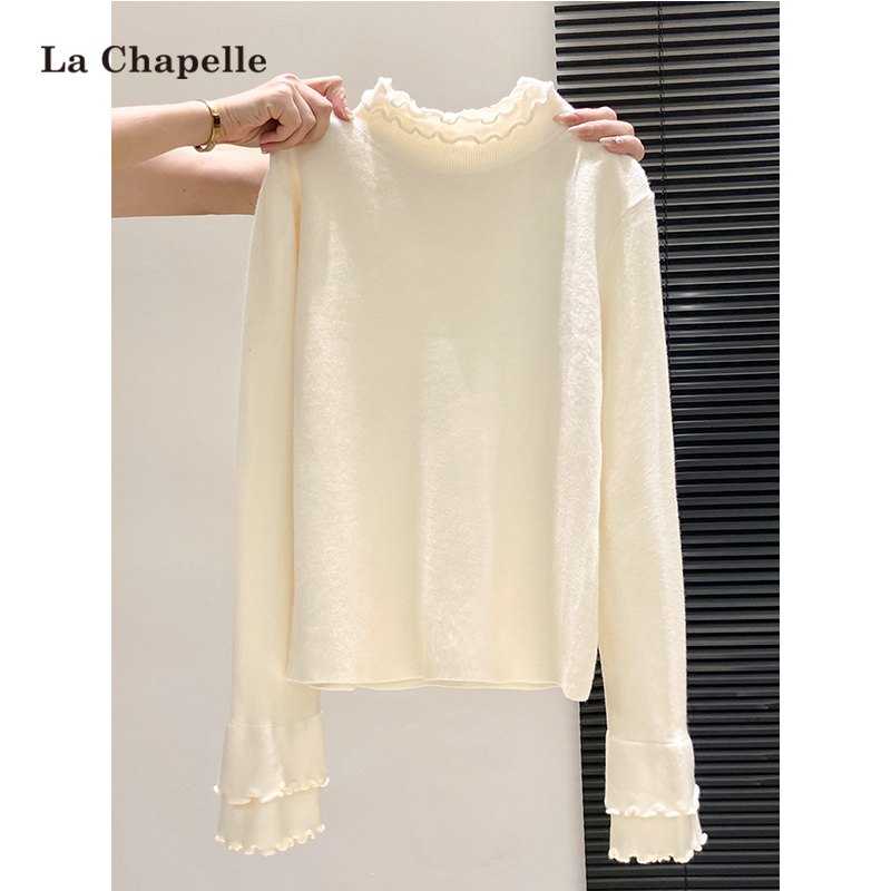 拉夏贝尔半高领双层木耳边长袖针织衫女温柔气质内搭打底衫上衣冬