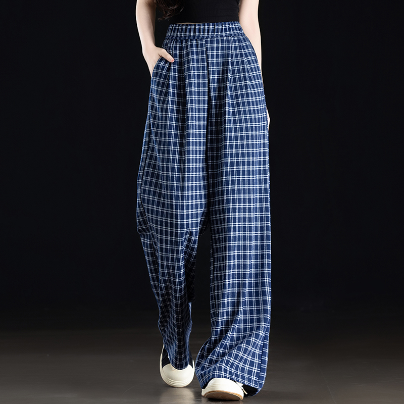 蓝色格子裤休闲裤女款爆款2025新款慵懒风格纹宽松直筒松紧高腰裤